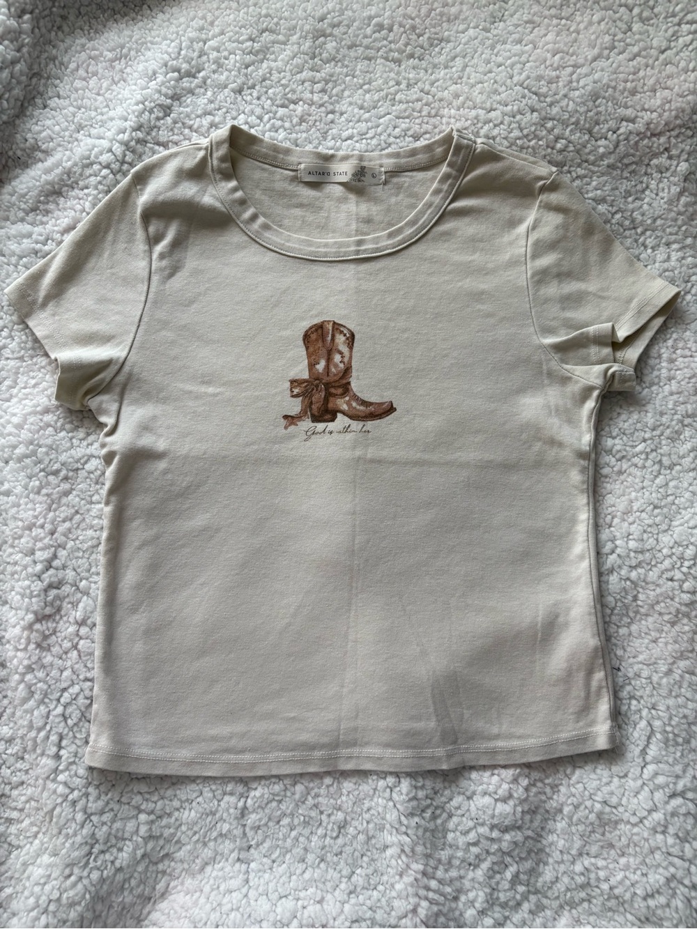 Altar'd State Cream Tee with Brown Cowboy Boot Graphic